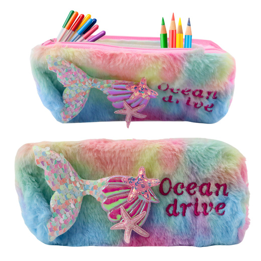 Plush pencil case with mermaid tail, sequins, pastel colors