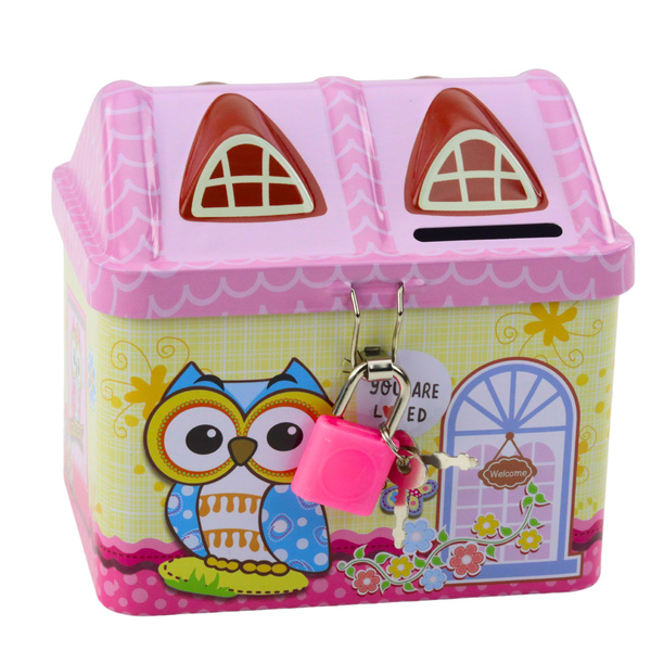Piggy Bank Metal Owl House Padlock Keys Pink