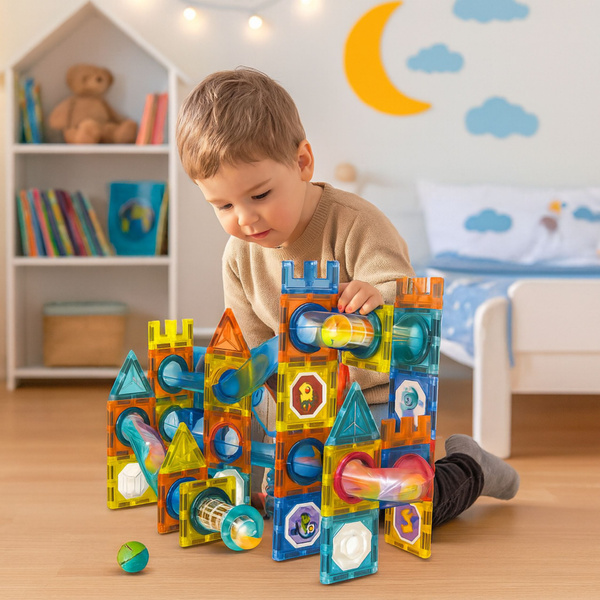 Set mit magnetischen Bausteinen, Kugelbahn, bunt, 98-teilig.