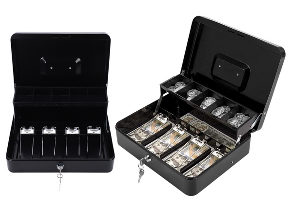 Banknotenbox aus schwarzem Metall, Münzen mit Schlüssel