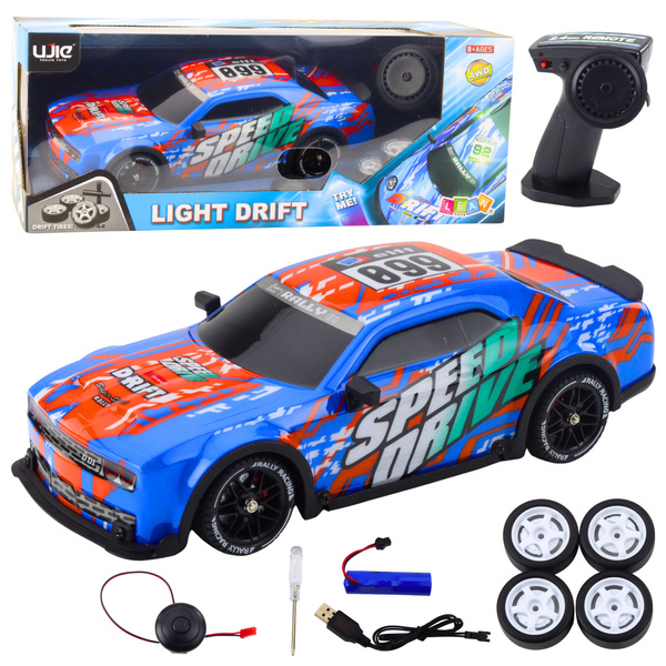 RC-Sportwagen mit beleuchteter Driftkarosserie, blau