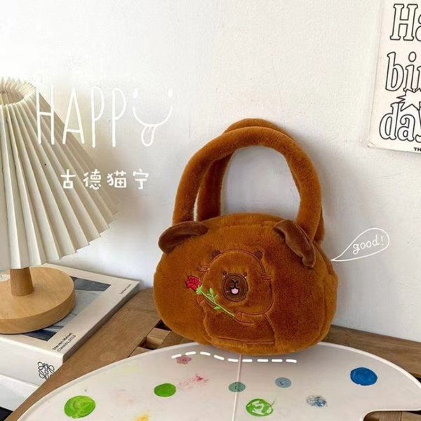 Capybara Plush Bag With Rose Brown 20cm