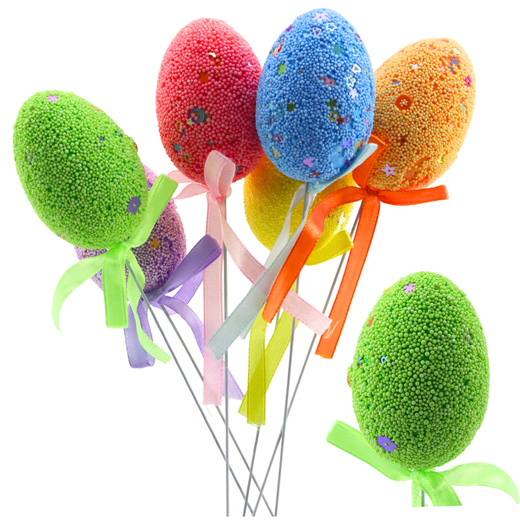 Easter Eggs on Wire Pick Colorful Leaves Ribbon Decoration 5pcs