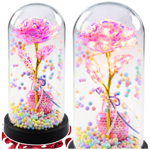 Eternal Rose in Dome with LED Lighting Pink with Heart and Balls