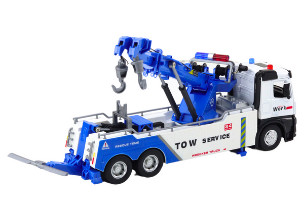 LKW mit Kran, zwei Metallhaken, weiße und blaue Lichter, Geräusche