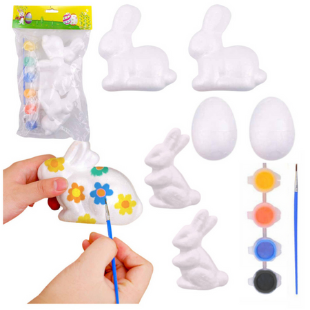 Set for painting styrofoam decorations 4 bunnies 2 eggs paints
