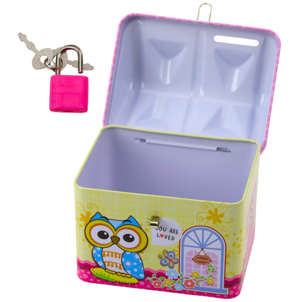 Piggy Bank Metal Owl House Padlock Keys Pink