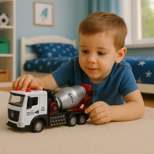 Betonmischer, Baufahrzeug, Metallkabine, rotierende Trommel, Lichter, Geräusche