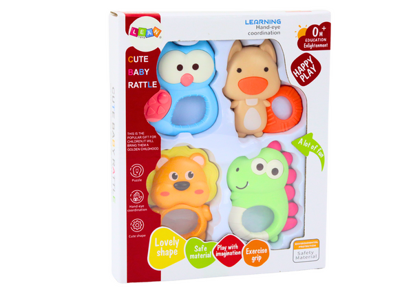 Set of Rattles, Teethers, Colorful Pastel Animals, 4 Pcs
