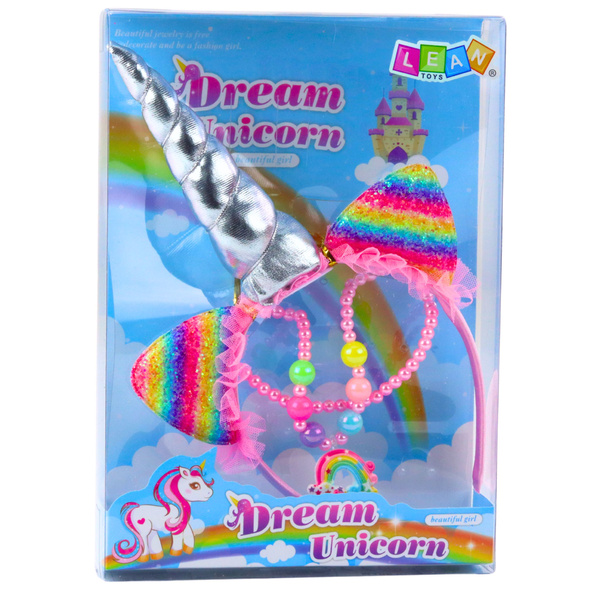 Einhorn-Set bestehend aus Haarreif, Ohren, Horn, Halskette und bunten Accessoires