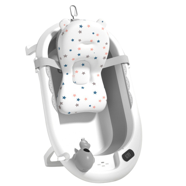 Foldable Baby Bathtub with Thermometer and Mattress with Stars, Gray