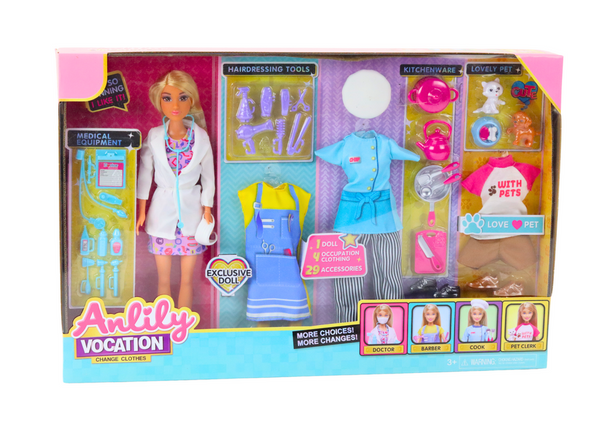 Anlily 4in1 doll Doctor Hairdresser Cook Animals Clothes Accessories