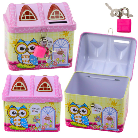 Piggy Bank Metal Owl House Padlock Keys Pink