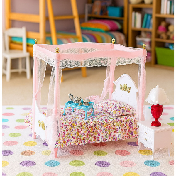 Doll Furniture Set: Canopy Bed, Nightstands, Lamps