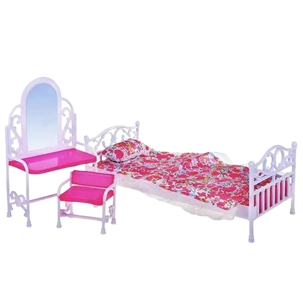 Doll Furniture Set Bed Dressing Table Chair Bedding Floral