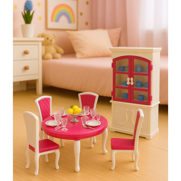 Puppen-Essgruppe: Tisch, Stühle, Anrichte, Geschirr