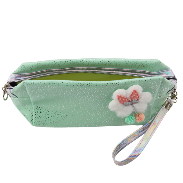 Federmäppchen, Kosmetiktasche, Schleife, Schimmernde Partikel, Türkis, Mint