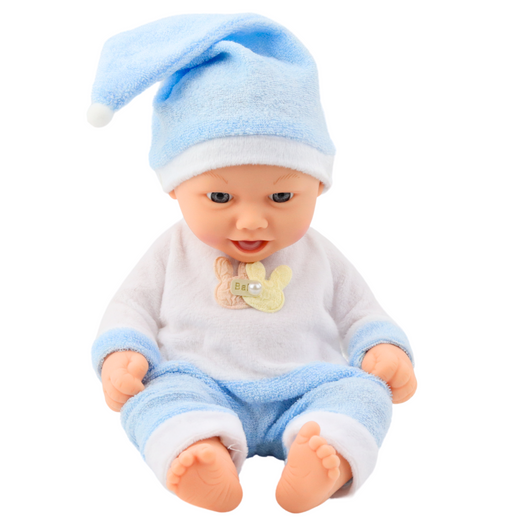 Babypuppe in blauer Pyjamamütze mit Bommel