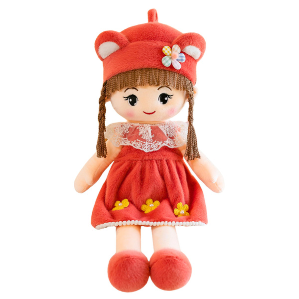 Stoffpuppe, weicher Plüsch, rotes Kleid, Hut mit Ohren, 45 cm