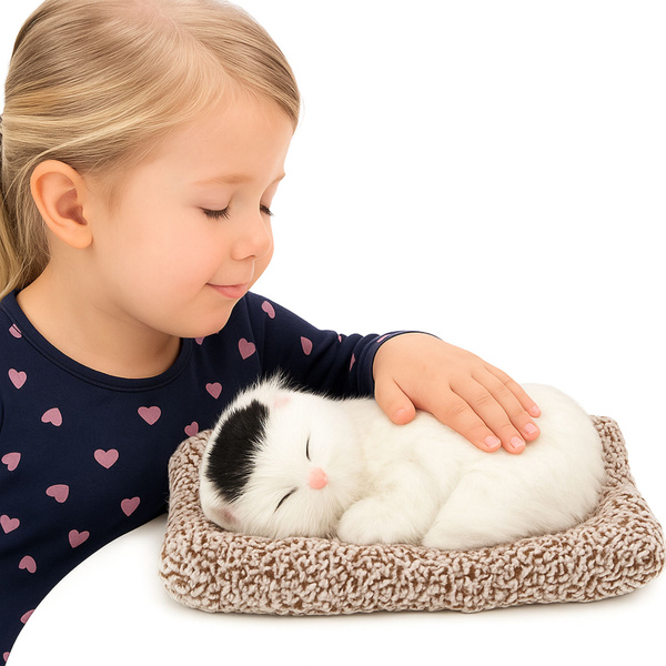 Schlafende weiße Katze auf einem Kissen, Figur mit Fellbeutel und Geräuschen