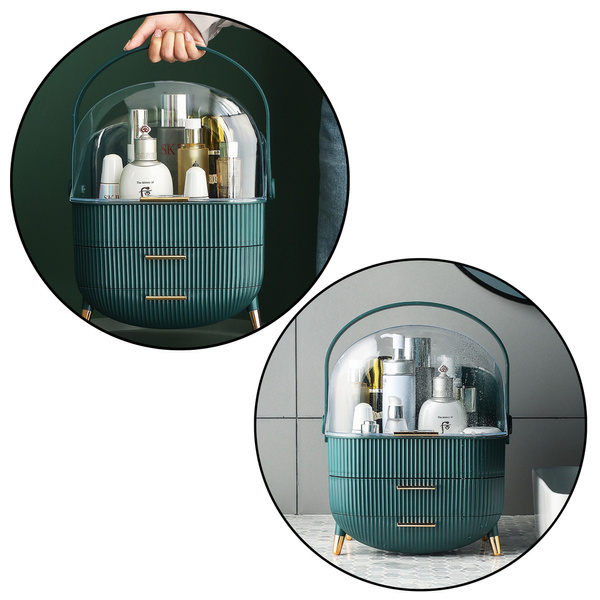 Cosmetics Organizer Opening Lid Transparent Two Drawers Green