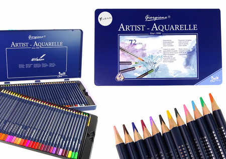 Set mit 72 Aquarellstiften, Metallbehälter