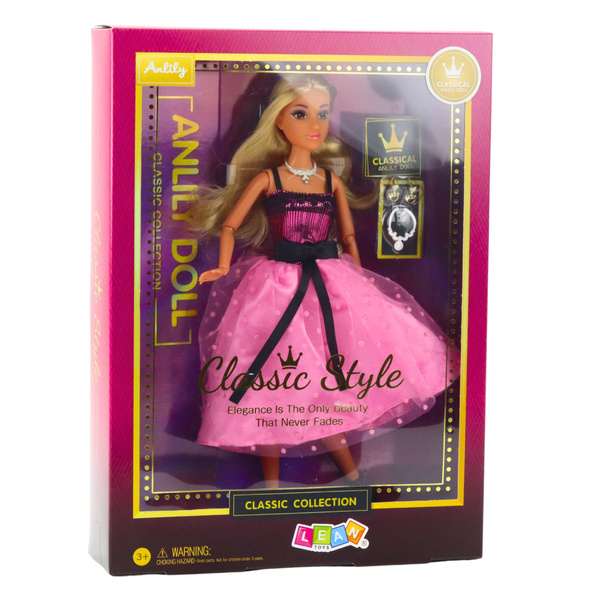 Anlily Doll in Pink Dress with Black Bow, Earrings, and Necklace