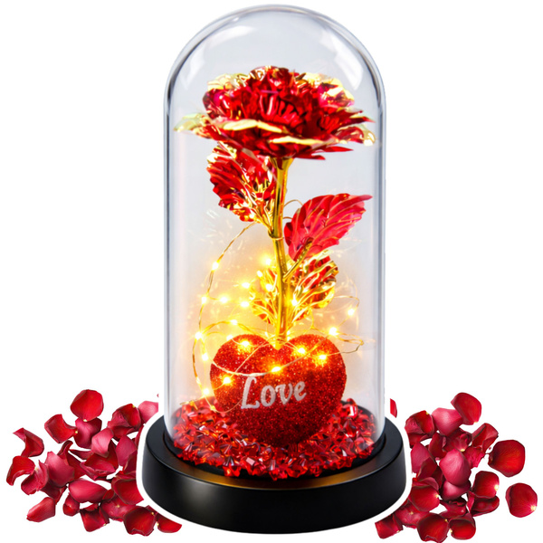 Wieczna Róża w Kopule z Oświetleniem LED Sercem Koralikami Czerwona 21x11cm