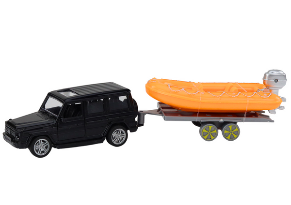 Schwarzes Geländewagen mit Anhänger, oranges Boot