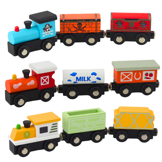 Set of Wooden Trains, Carriages, Magnet Organizer, 9 pcs
