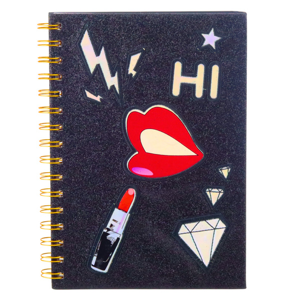 Notebook Lined Notebook Patches Lips Lipstick Glitter Black A5 80 Sheets