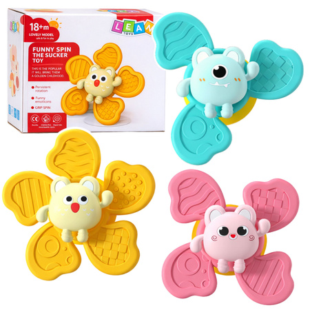 Set mit Fidget Spinnern, Rasseln, drehbaren Saugnäpfen, bunt, 3 Stück.