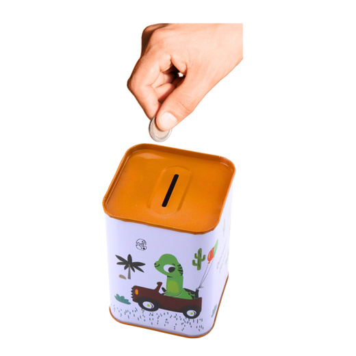 Piggy bank Dinosaur in the car Learning to save Metal 11x8cm