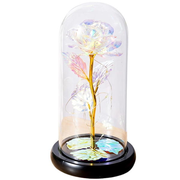 Eternal Rose in a Glass Crystal Dome, Colorful LED Lighting, 21x11cm