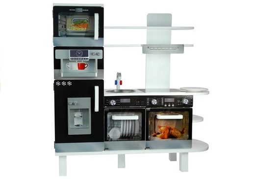 Holzküche mit Kaffeemaschine Kühlschrank Backofen Regal Mikrowelle 