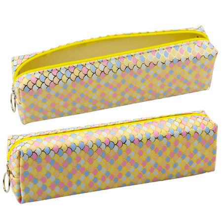 School Pencil Case Organizer Mermaid Scales Pattern Large Yellow Zipper 21x6cm