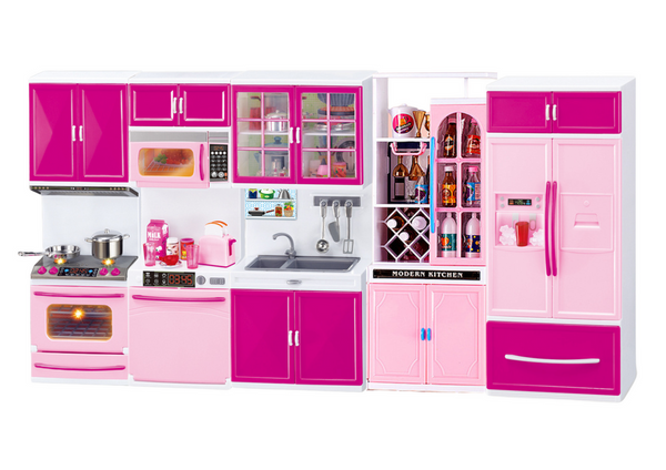 Küchenmöbel-Set für Puppen, Kühlschrank, Herd, Zubehör, Rosa