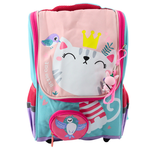 School Backpack White Cat Bag With Bird Pendant 21L