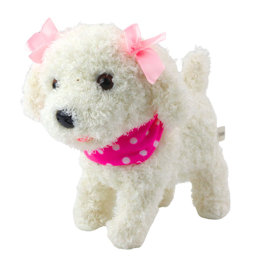 Interactive Poodle Dog with Bows on a Leash Walks and Barks White