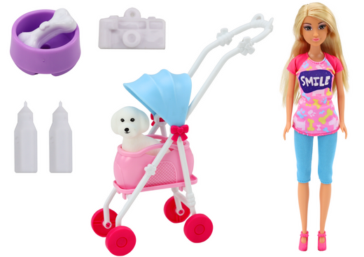 Anlily doll with a dog in a stroller bottles bowl bone apparatus
