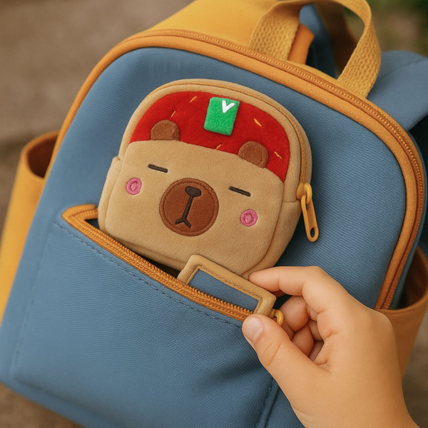 Plush Wallet with Keychain Capybara Strawberry Red 9.5 x 8 cm