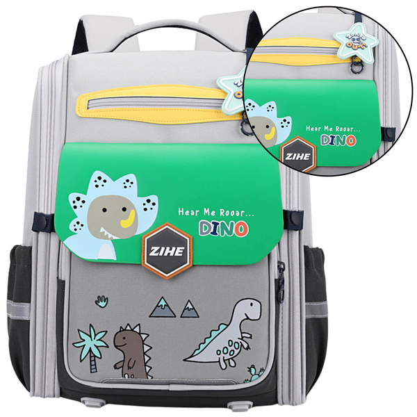 School Backpack With Dinosaurs Chest Strap Gray Green 21L 39cm