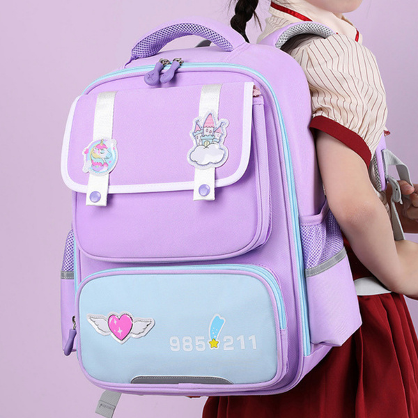 School Backpack With Patches Chest Strap Purple 16L