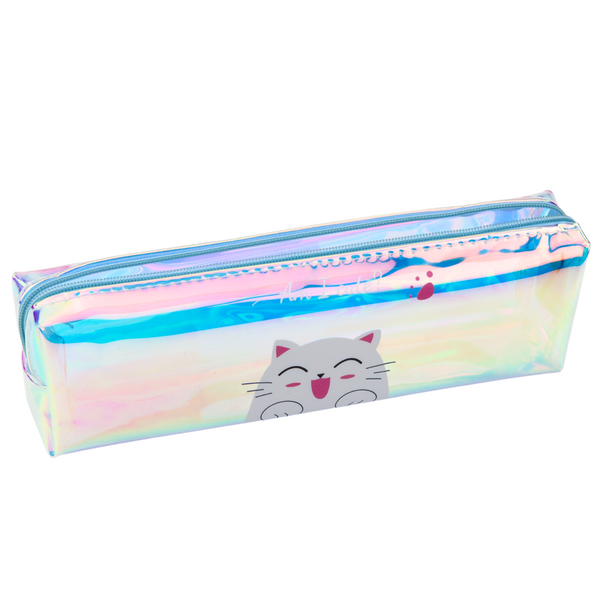 Children's School Pencil Case Holographic With Cat Blue 21x6cm