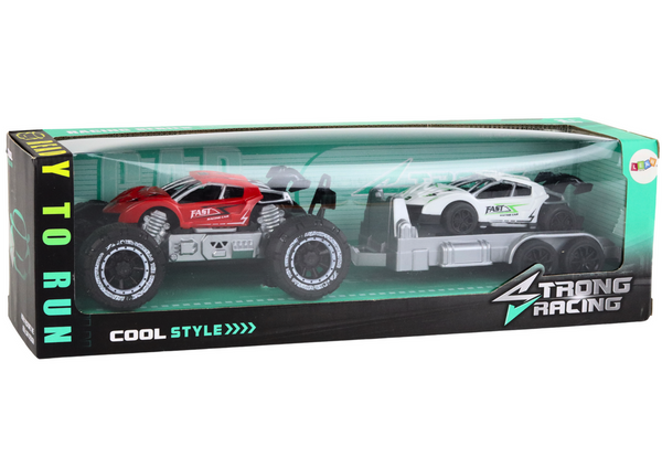 Set of Red Off-Road Car and White Sports Car Tow Truck
