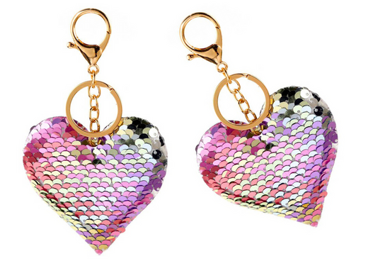 Heart Keychain Sequins Double Sided Silver Pink