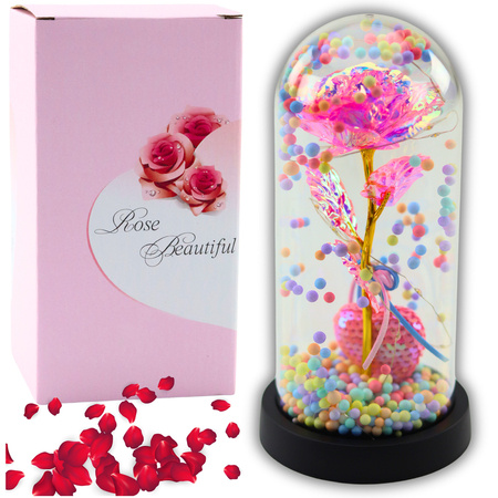 Ewige Rose in einer Kuppel mit LED-Beleuchtung, rosa mit Herz und Kugeln