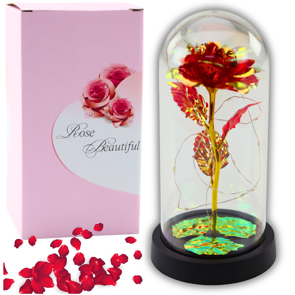 Eternal Rose In Glass Crystal Dome LED Lighting Red 21x11cm
