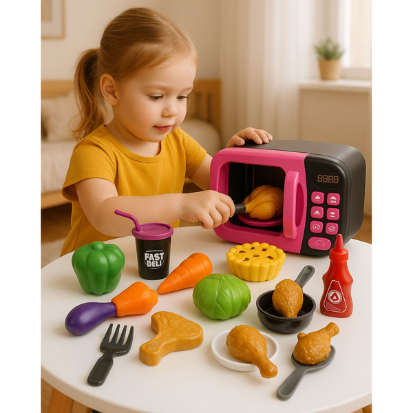 Microwave Toy For Kids Food 360 Rotation Lights Sounds Pink