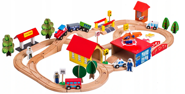 Wooden Train Track Cars Trees Buildings